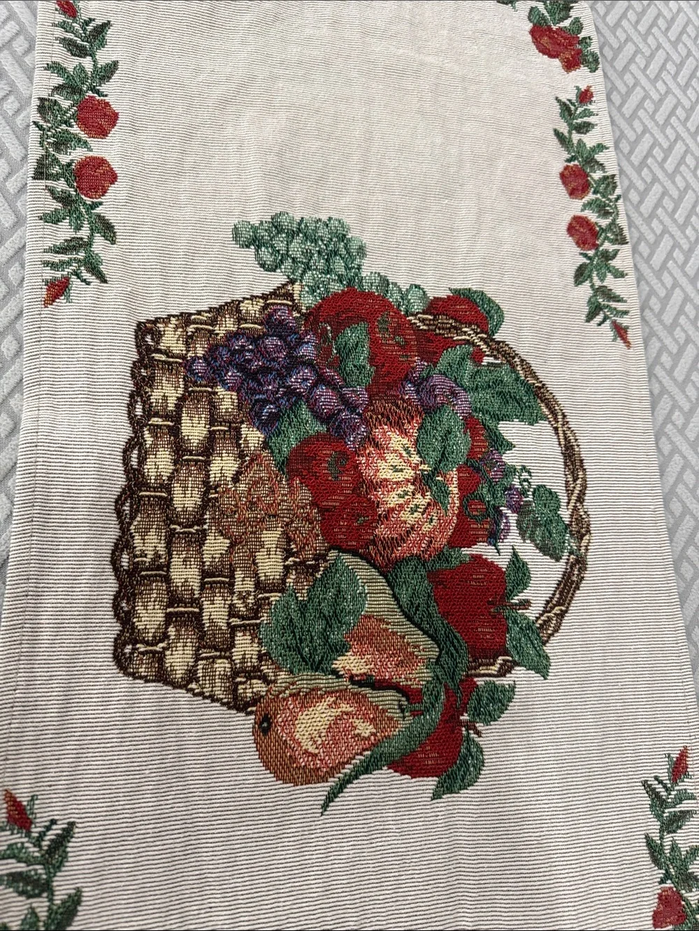 Vintage Tapestry Fruit Basket Embroidered Table Runner and 2 Placemats 70” Long
